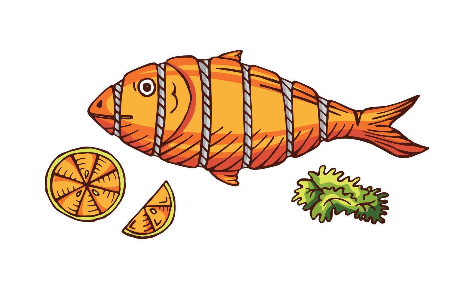 hand dragen kokta fisk med citron- Färg vektor illustration