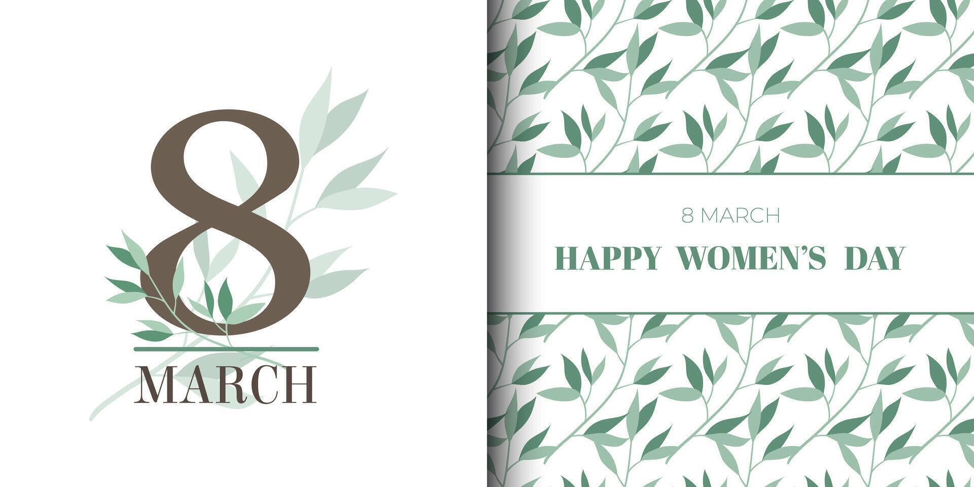 skön uppsättning av vykort för Mars 8 och kvinnors dag med blommig blad mönster. modern minimalistisk och platt design vektor