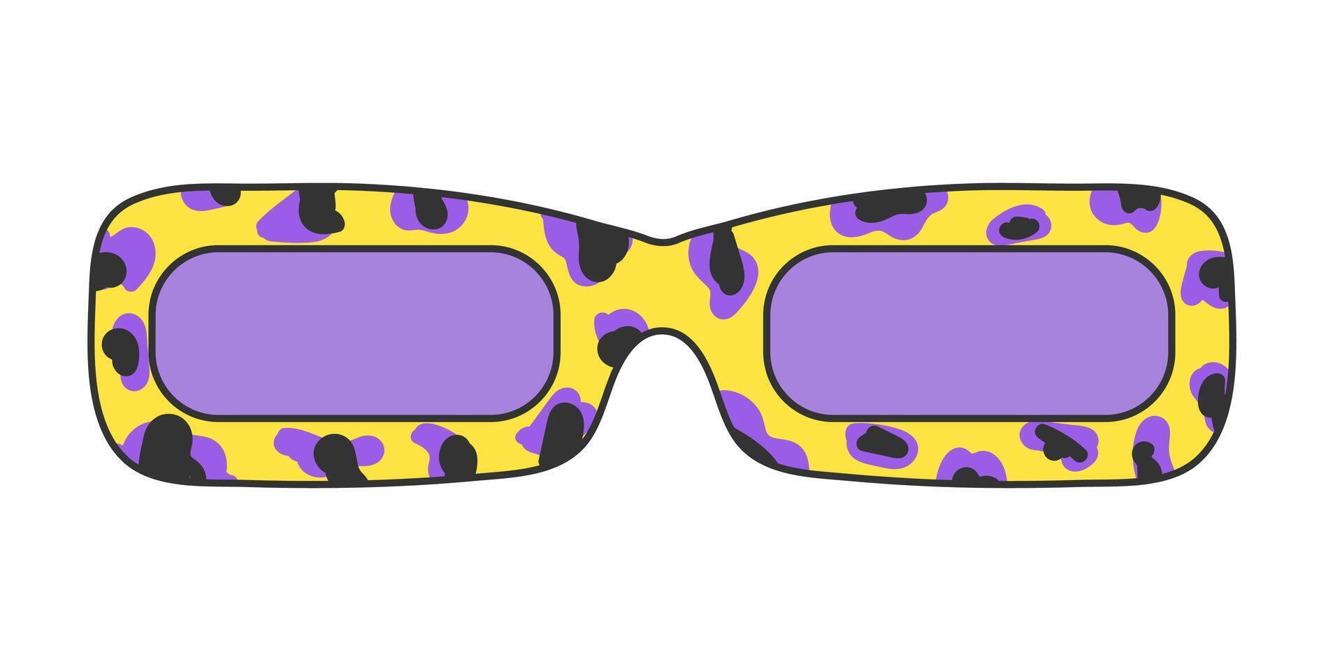 retro Hippie Sonnenbrille mit Leopard drucken isoliert auf Weiß Hintergrund. Neon- Aufkleber im 70er Jahre Stil, groovig psychedelisch Vektor Jahrgang Element, Gelb und lila Farben.