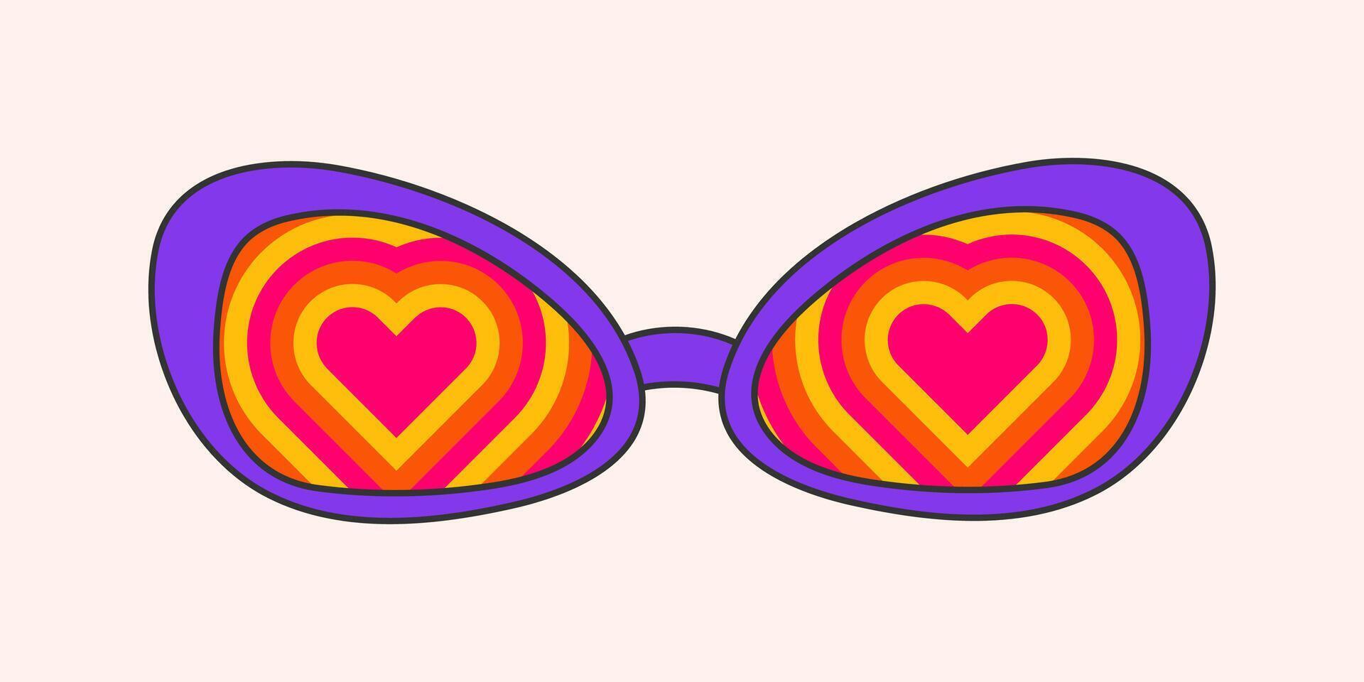 retro Hippie psychedelisch Stil Sonnenbrille. geometrisch abstrakt Vektor Brille isoliert auf Weiß Hintergrund, 70er Jahre groovig Mode. Gekritzel hell Herz Muster zum Drucken auf T-Shirts, Karten.