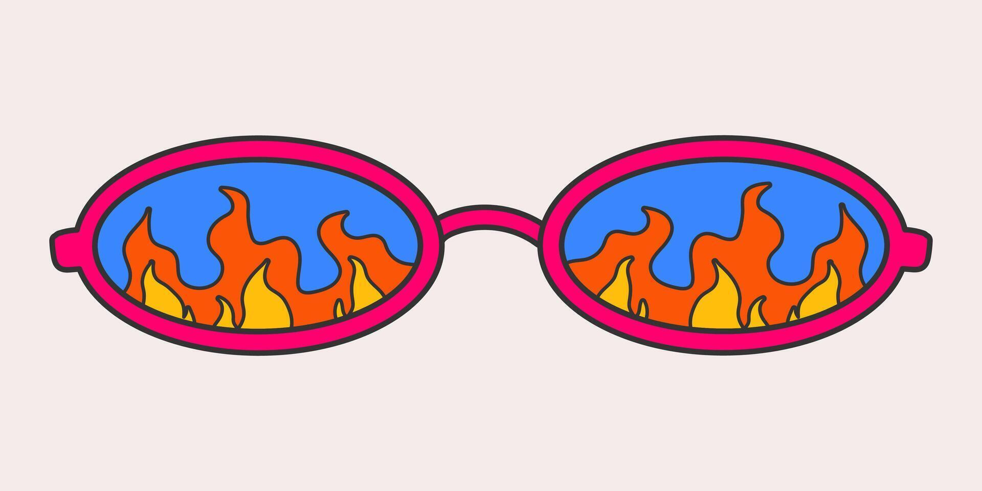 hell Oval Sonnenbrille im ein groovig Stil isoliert auf ein Licht Hintergrund. Jahrgang retro Farben, Flamme drucken auf Glas. psychedelisch Vektor Gekritzel Aufkleber, 70er, Nostalgie, Hippie.