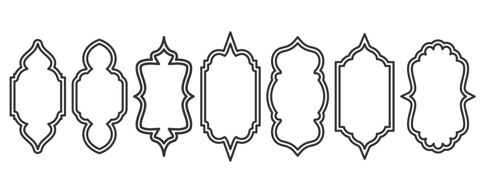 Ramadan Rahmen Formen. Fenster Arabisch Bogen Gliederung Elemente. Tür Design mit Türkisch Ornament. Muslim orientalisch Aufkleber Vorlage. traditionell Dekoration einstellen zum Banner und Abzeichen. vektor