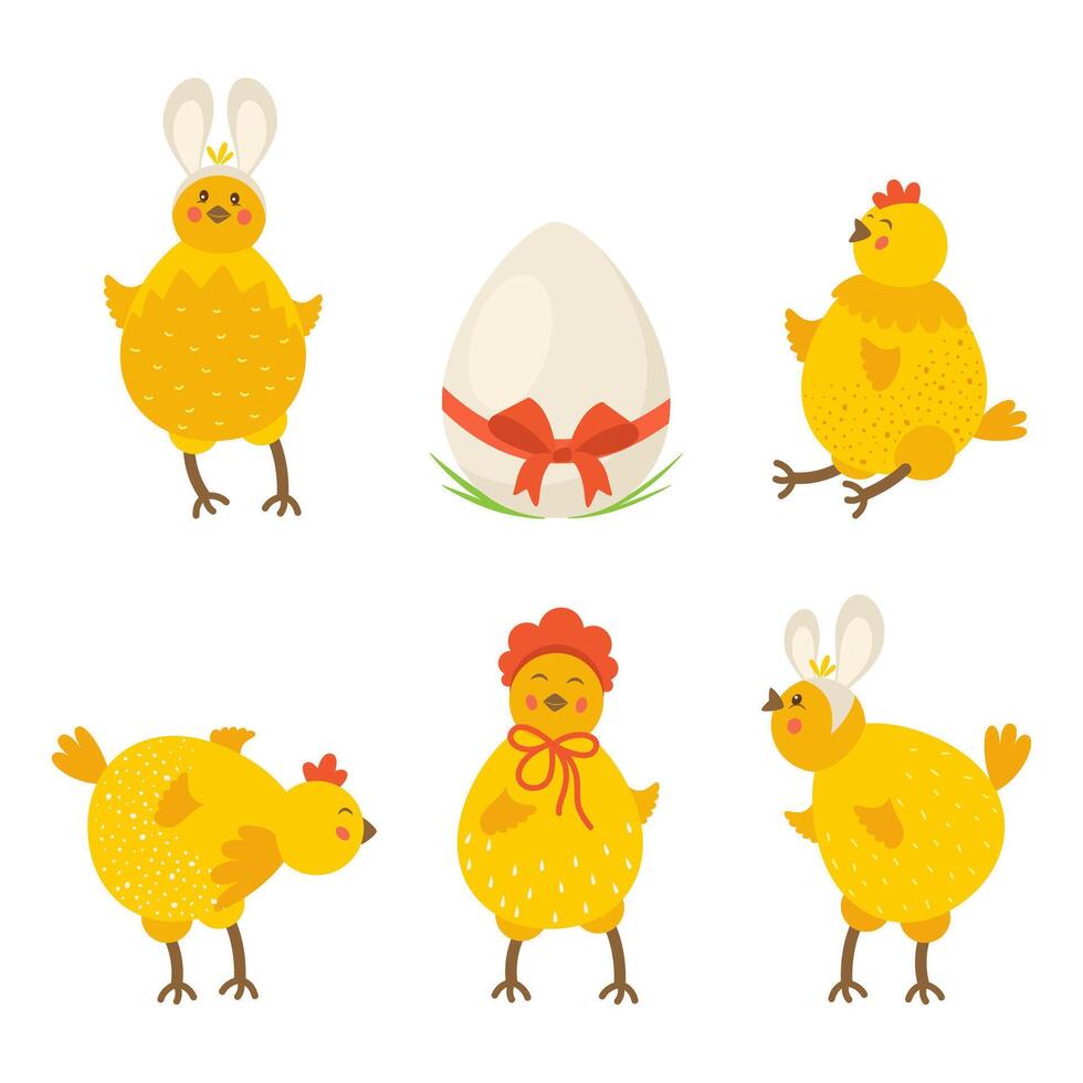 einstellen von Ostern wenig Hühner auf ein Weiß Hintergrund. Vektor Illustration im eben Karikatur Stil.
