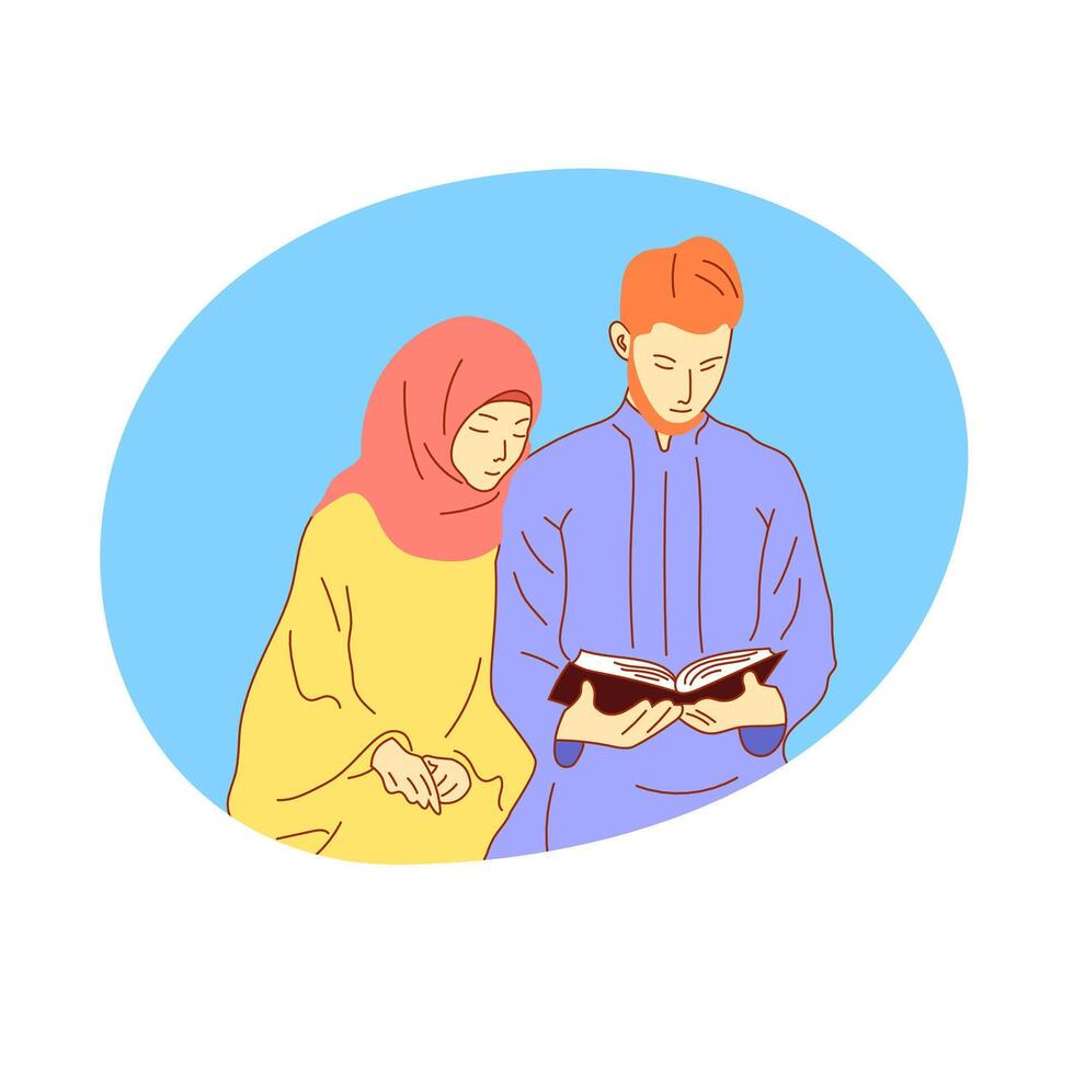 muslimisches paar, das den koran während der vektorillustration des heiligen monats ramadan kareem liest und studiert vektor