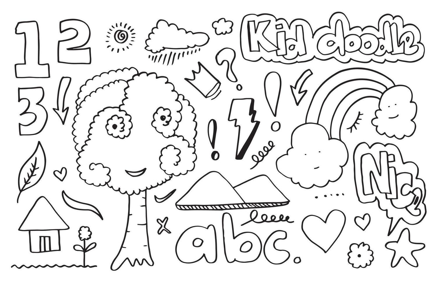 ritad för hand söt klotter uppsättning på vit bakgrund. klotter design elements.doodle barn för dekoration och färg sida. vektor