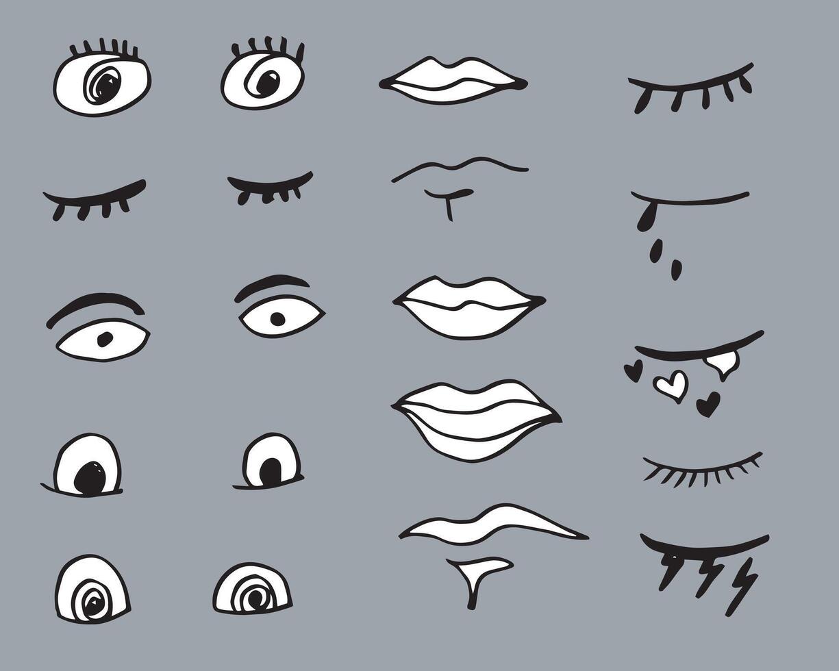 uppsättning av klotter ögon och mun. vektor svart och vit ikoner.