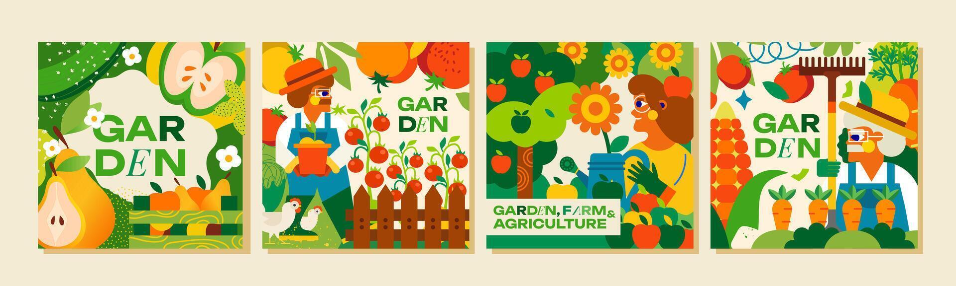 4 mallar. trädgård, bruka och lantbruk. modern design trädgårdsmästare, sängar, riklig skörda, grönsaker, frukt och kycklingar. illustration för reklam, affisch, bakgrund eller vykort vektor