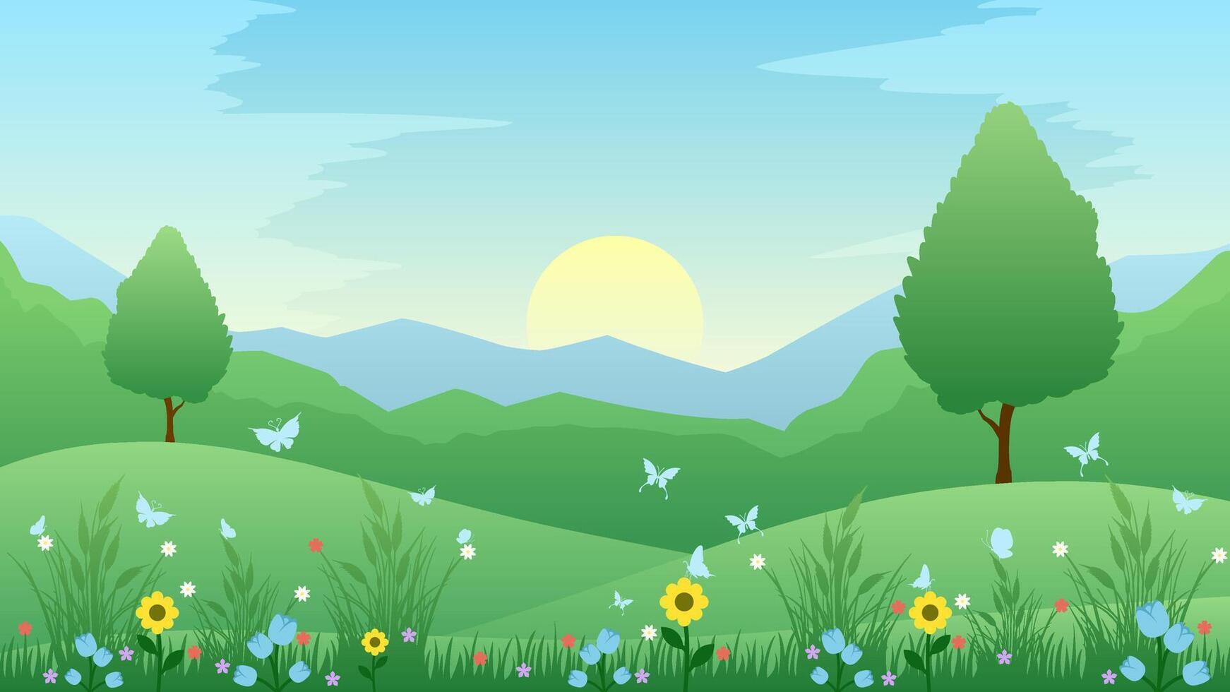 Frühling Landschaft Vektor Illustration. Hügel Landschaft im Frühling Jahreszeit mit Blühen Blumen und Wiese. Frühling Jahreszeit Landschaft zum Illustration, Hintergrund oder Hintergrund
