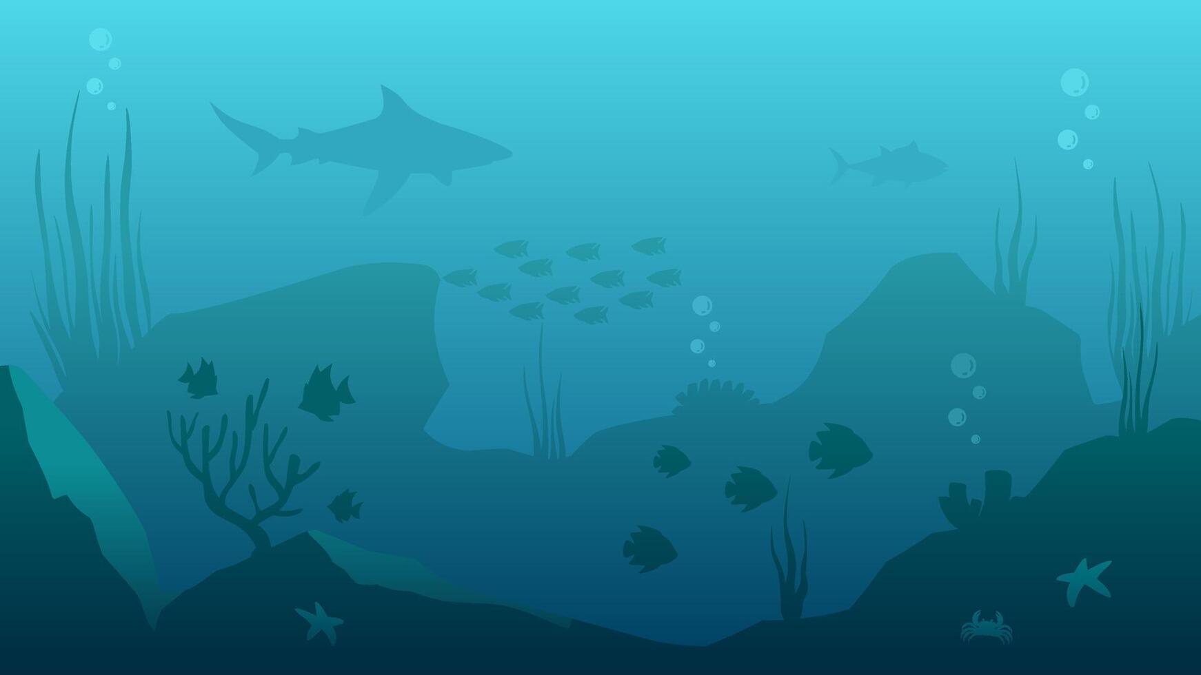 unter Wasser Seelandschaft Vektor Illustration. tief Meer Silhouette mit Fisch und Koralle Riff. unterseeisch Landschaft zum Illustration, Hintergrund oder Hintergrund