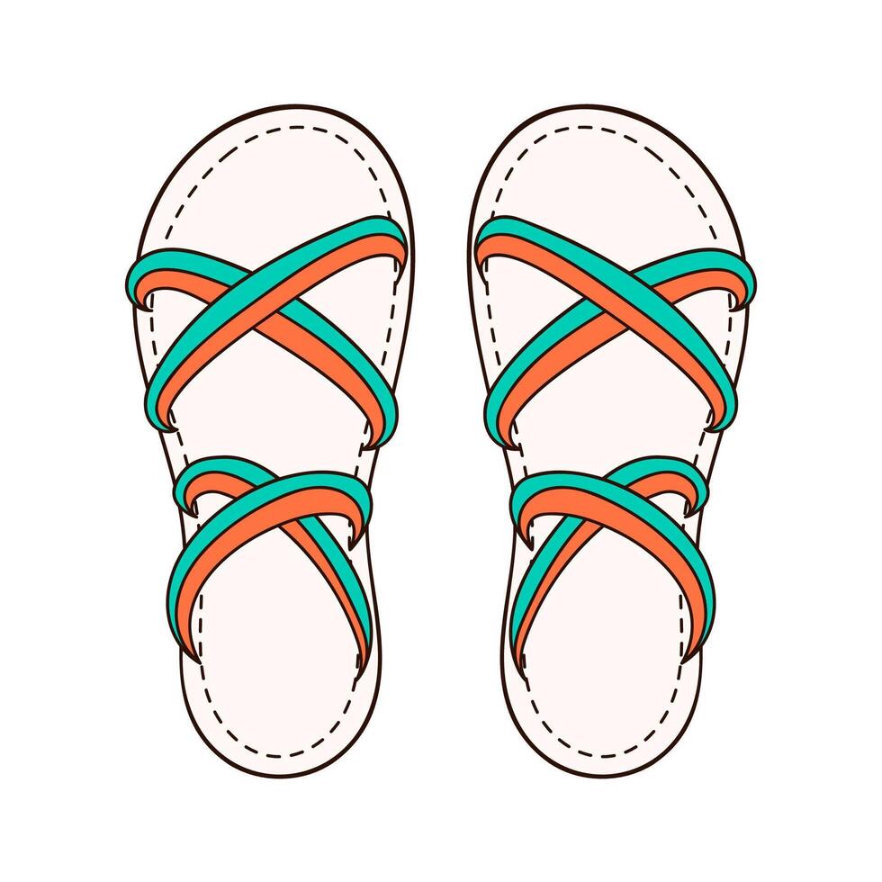 Frau Sandalen Symbol im Karikatur Stil. nackt Fuß Grün und Orange Hausschuhe Design zum Schuhe speichern. Vektor Illustration isoliert auf ein Weiß Hintergrund.