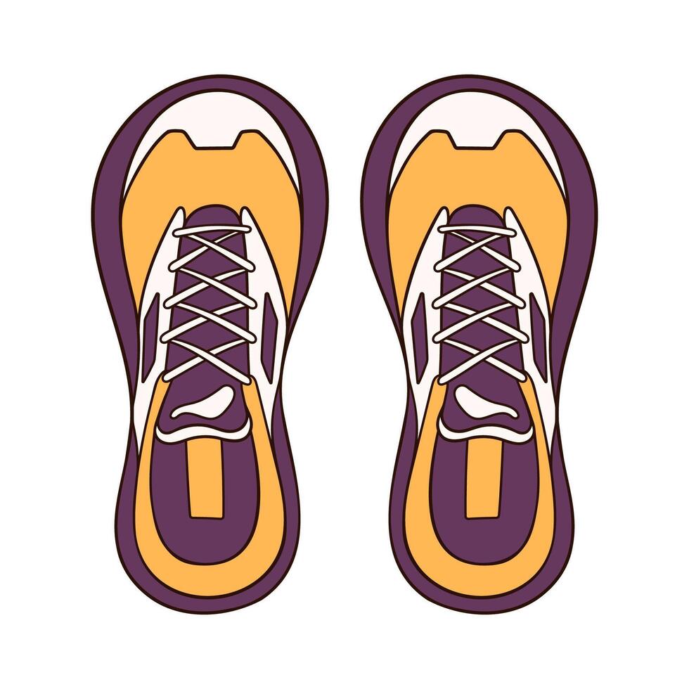 tillfällig gymnastikskor för manlig och kvinna i tecknad serie stil. hand dragen skor gul och violett Färg. topp se design för ikon, affär logotyp. vektor illustration isolerat på en vit bakgrund.