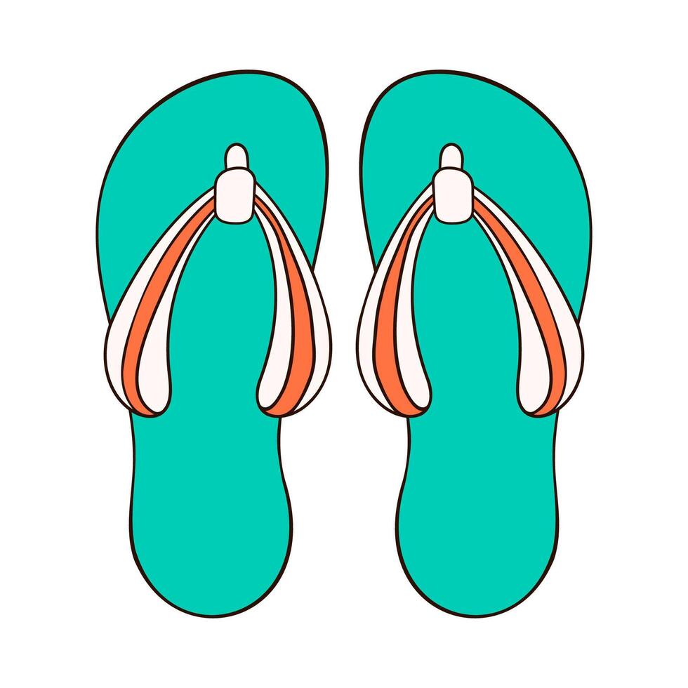 Paar von Flip Flops im Karikatur Stil oben Sicht. Sommer- Zeit Hausschuhe zum männlich und weiblich, Schuhe Design Grün und Orange Farbe zum Schuhe speichern. Vektor Illustration isoliert auf ein Weiß Hintergrund.