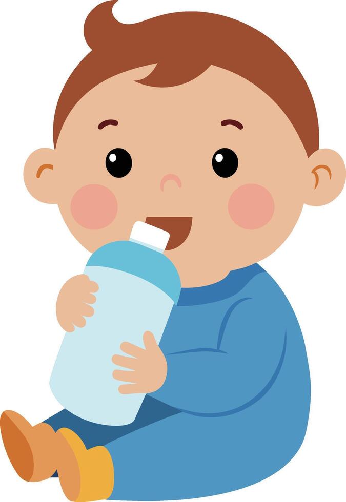illustration av en liten bebis pojke dricka mjölk från en plast flaska vektor