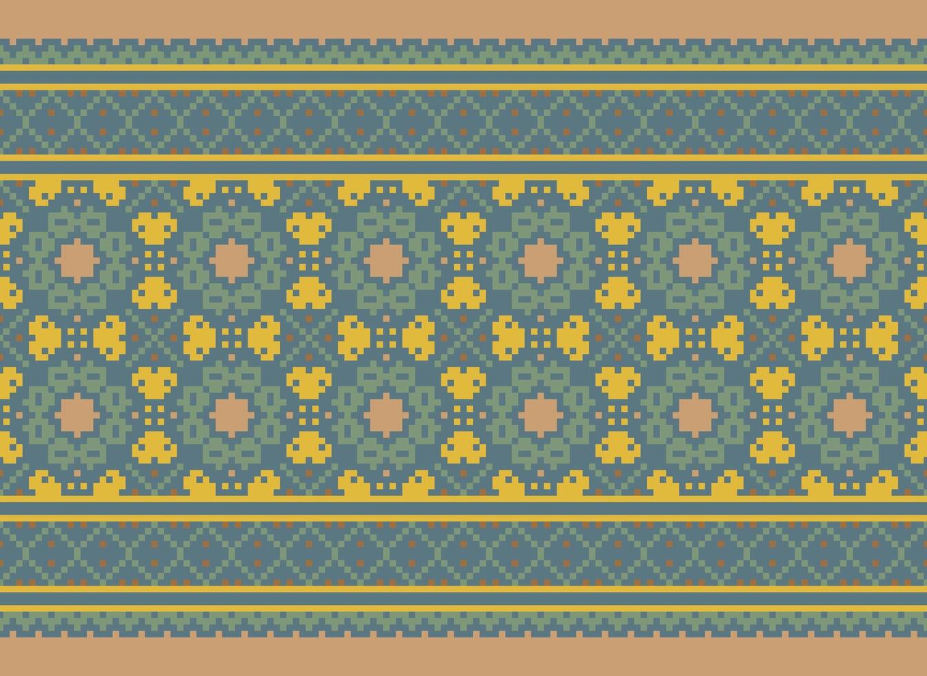 Pixel Kreuz Stich Muster mit Blumen- Entwürfe. traditionell Kreuz Stich Handarbeit. geometrisch ethnisch Muster, Stickerei, Textil- Ornamentik, Stoff, Hand genäht Muster, kulturell Nähen vektor