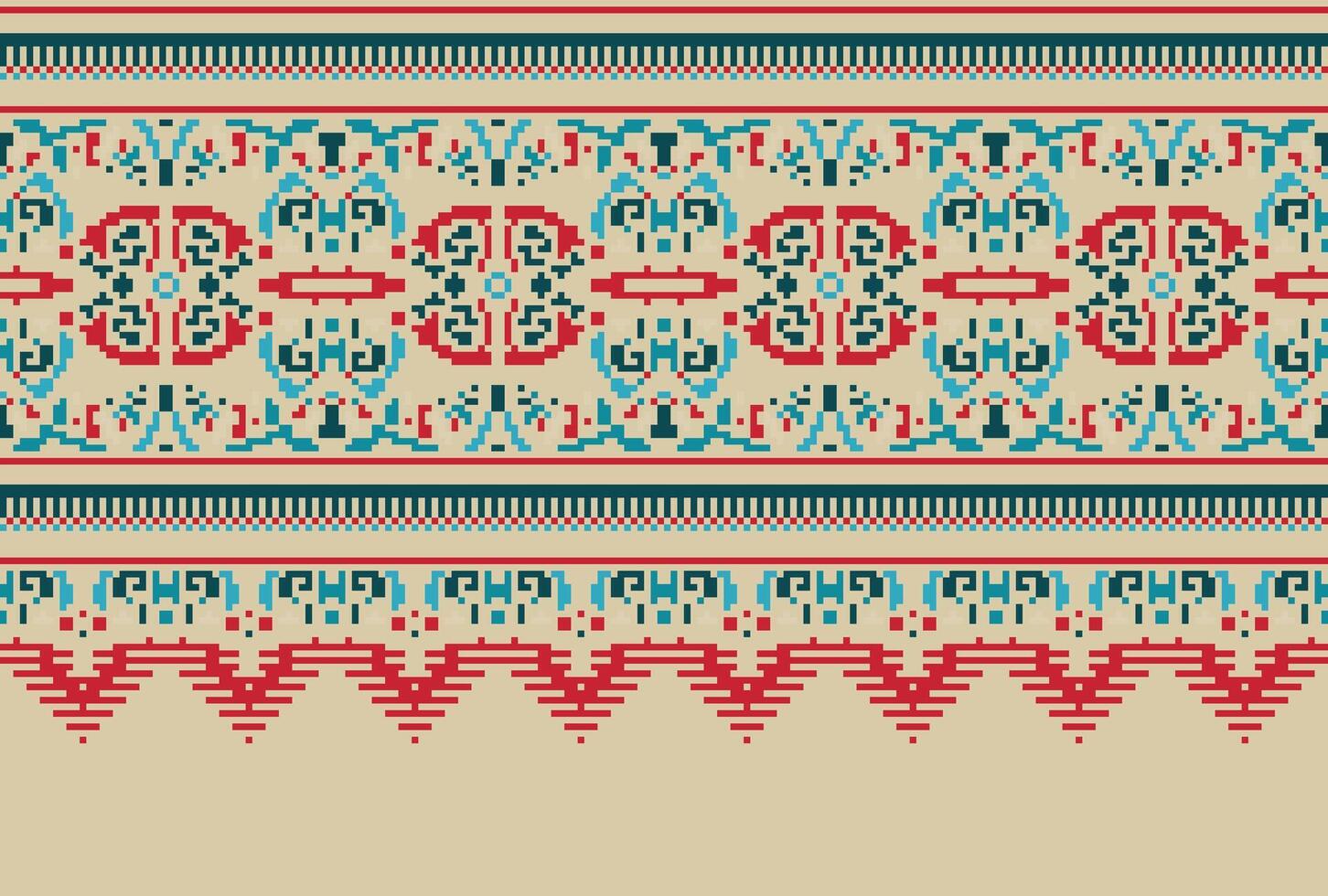 Pixel Kreuz Stich Muster mit Blumen- Entwürfe. traditionell Kreuz Stich Handarbeit. geometrisch ethnisch Muster, Stickerei, Textil- Ornamentik, Stoff, Hand genäht Muster, kulturell Nähen vektor