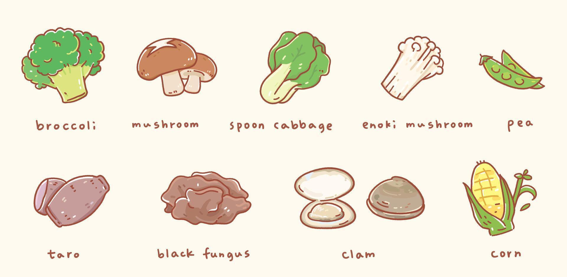 vektorer söt illustration Flash-kort stil matlagning uppsättning med friska grönsaker.