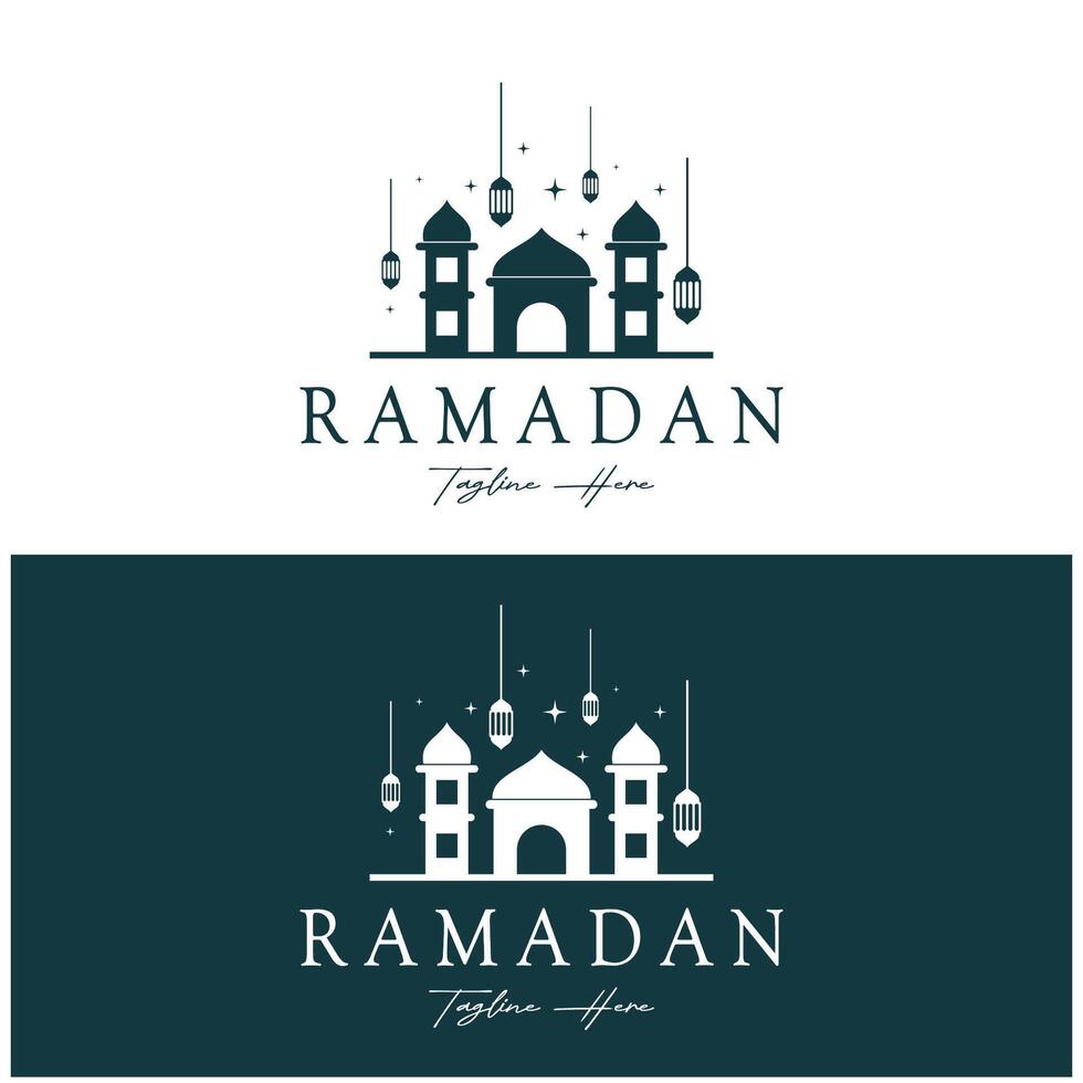 Ramadan Mubarak Logo mit Laterne Elemente, Halbmond Mond und Star Moschee Gebäude, islamisch Kalligraphie Muster, zum Geschäft, die Architektur, Muslime, eid, eid Karten, islamisch Bildung vektor