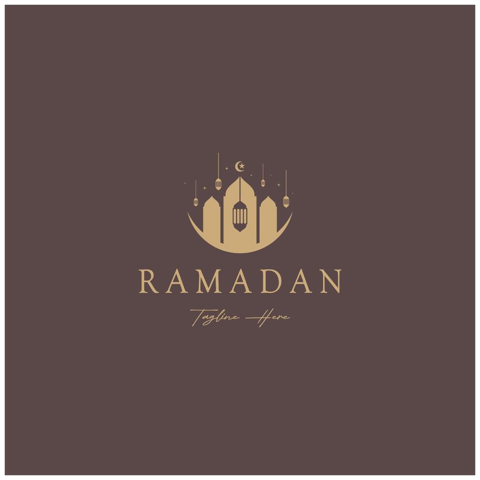 ramadan mubarak logotyp med lykta element, halvmåne måne och stjärna moské byggnad, islamic kalligrafi mönster, för företag, arkitektur, muslimer, eid, eid kort, islamic utbildning vektor