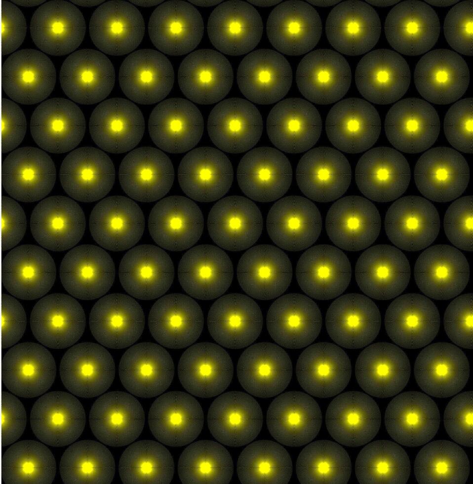 Vektor nahtlos Textur im das bilden von Gelb Bälle glühend mit hell Licht auf ein schwarz Hintergrund