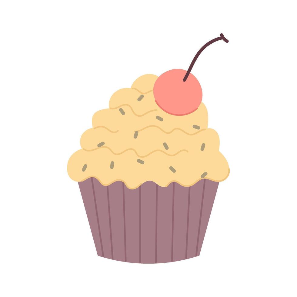 festlig muffin med körsbär i platt stil. vektor illustration av en muffin med garnering på en vit bakgrund. hemlagad bakning.