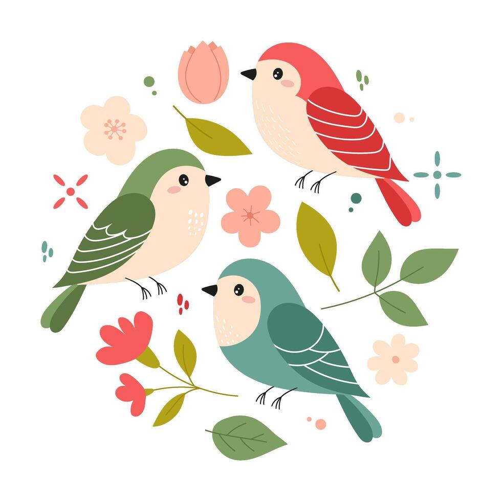 Vektor einstellen von Abbildungen von Frühling Vögel mit dekorativ Elemente zum Ihre Design. Vögel im eben Stil auf ein Weiß Hintergrund.
