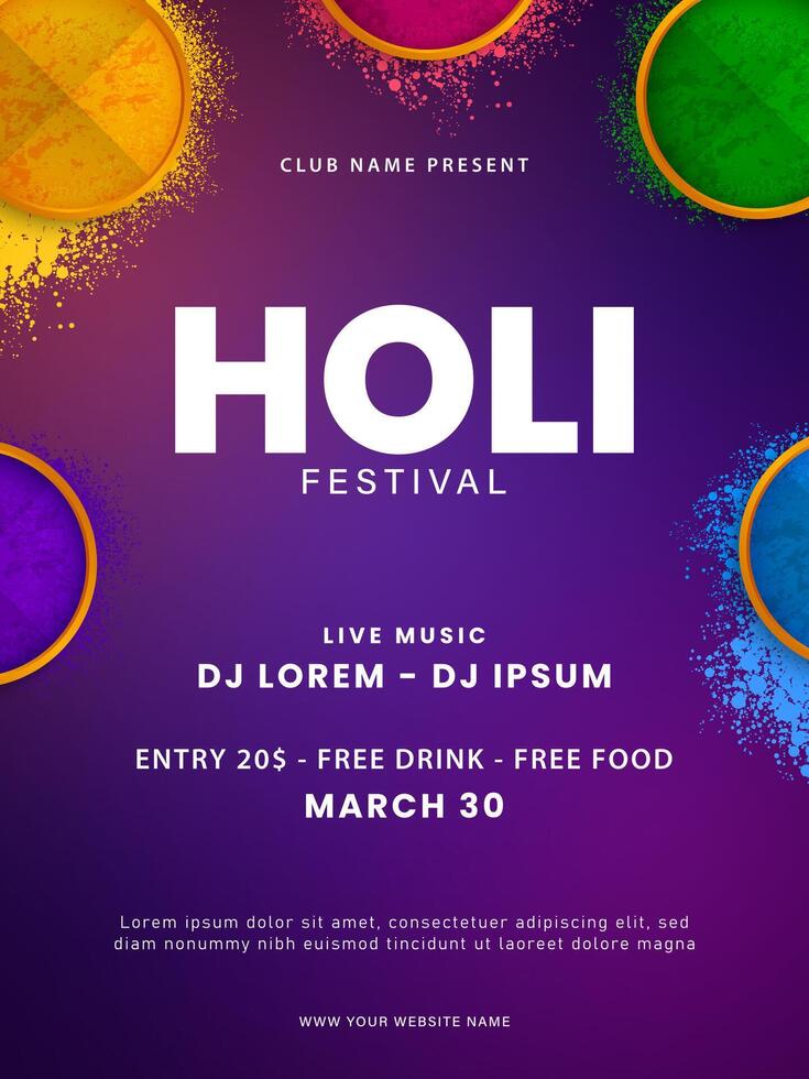 holi Party Poster Design. holi Feier Flyer Design mit bunt holi Pulver. indisch Festival von Farben. Vektor Illustration