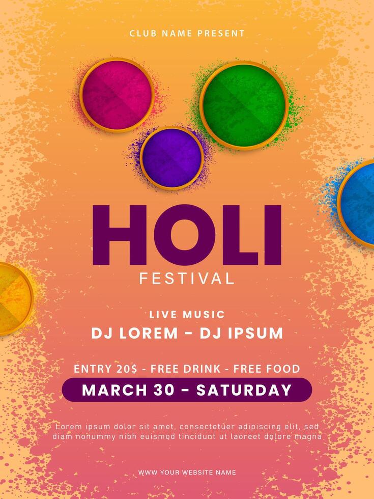 holi Party Poster Design. holi Feier Flyer Design mit bunt holi Pulver. indisch Festival von Farben. Vektor Illustration