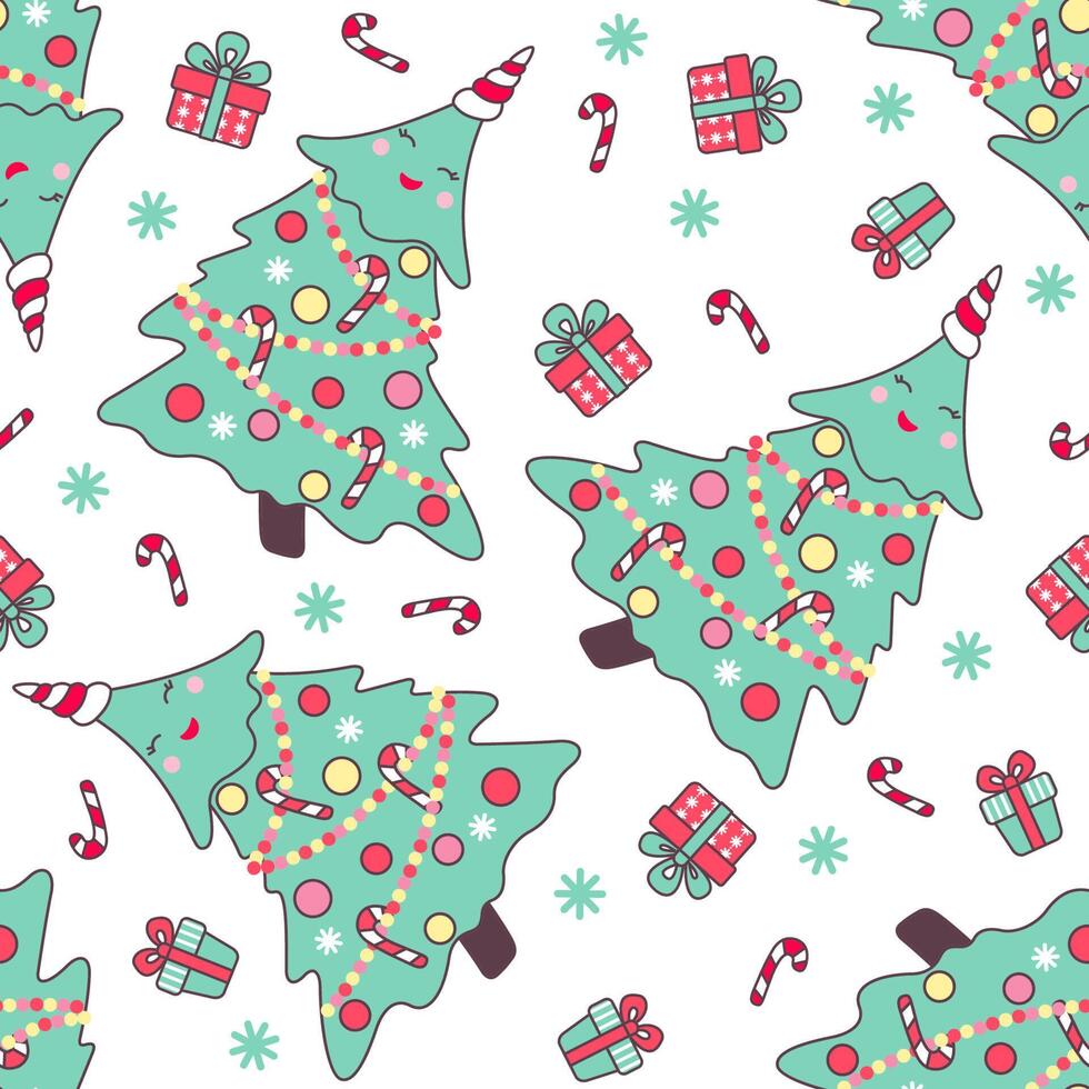 Weihnachten nahtlos Muster mit süß Weihnachten Bäume, Süßigkeiten Stöcke und Geschenke isoliert auf Weiß Hintergrund. vektor