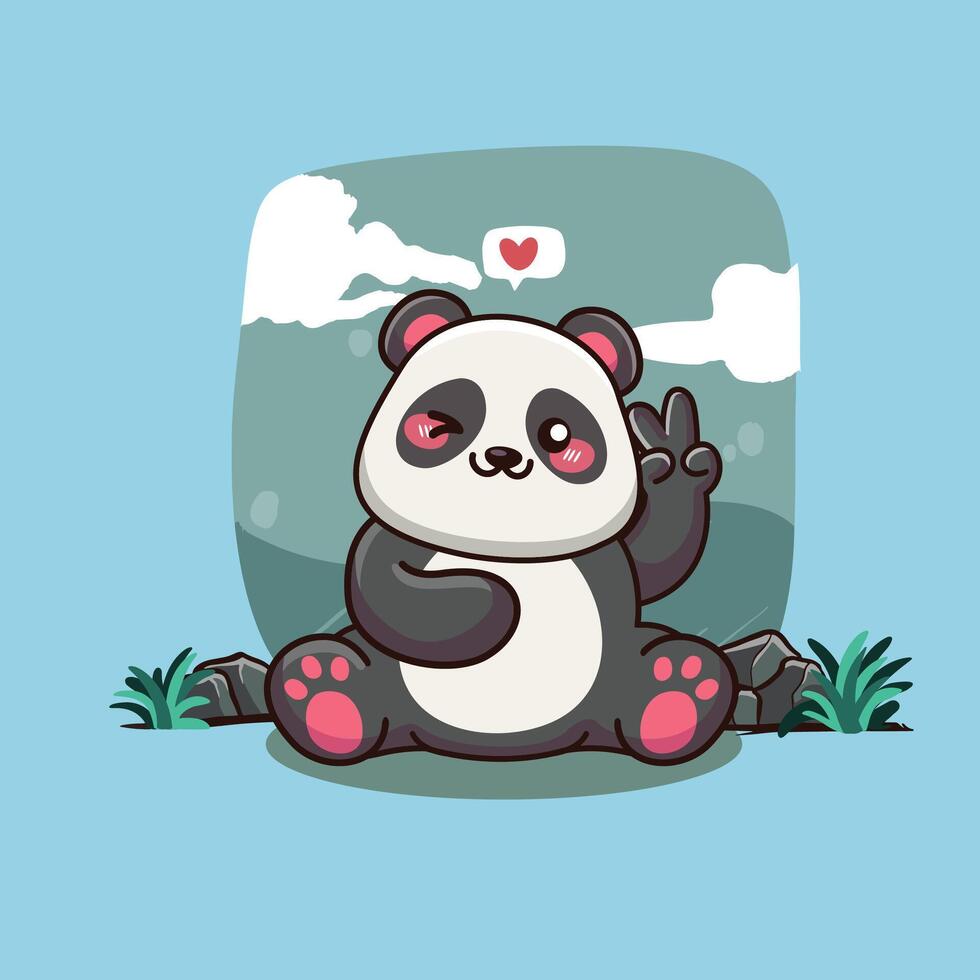 süß Panda Frieden Pose Karikatur vektor