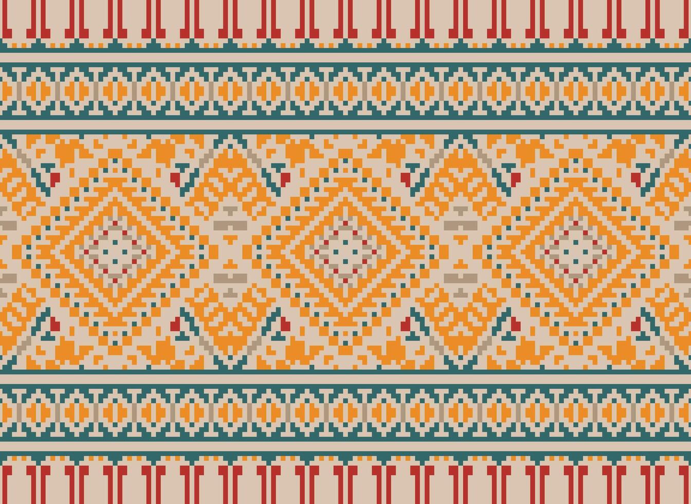 Pixel Kreuz Stich traditionell ethnisch Muster Paisley Blume Ikat Hintergrund abstrakt aztekisch afrikanisch indonesisch indisch nahtlos Muster zum Stoff drucken Stoff Kleid Teppich Vorhänge und Sarong vektor