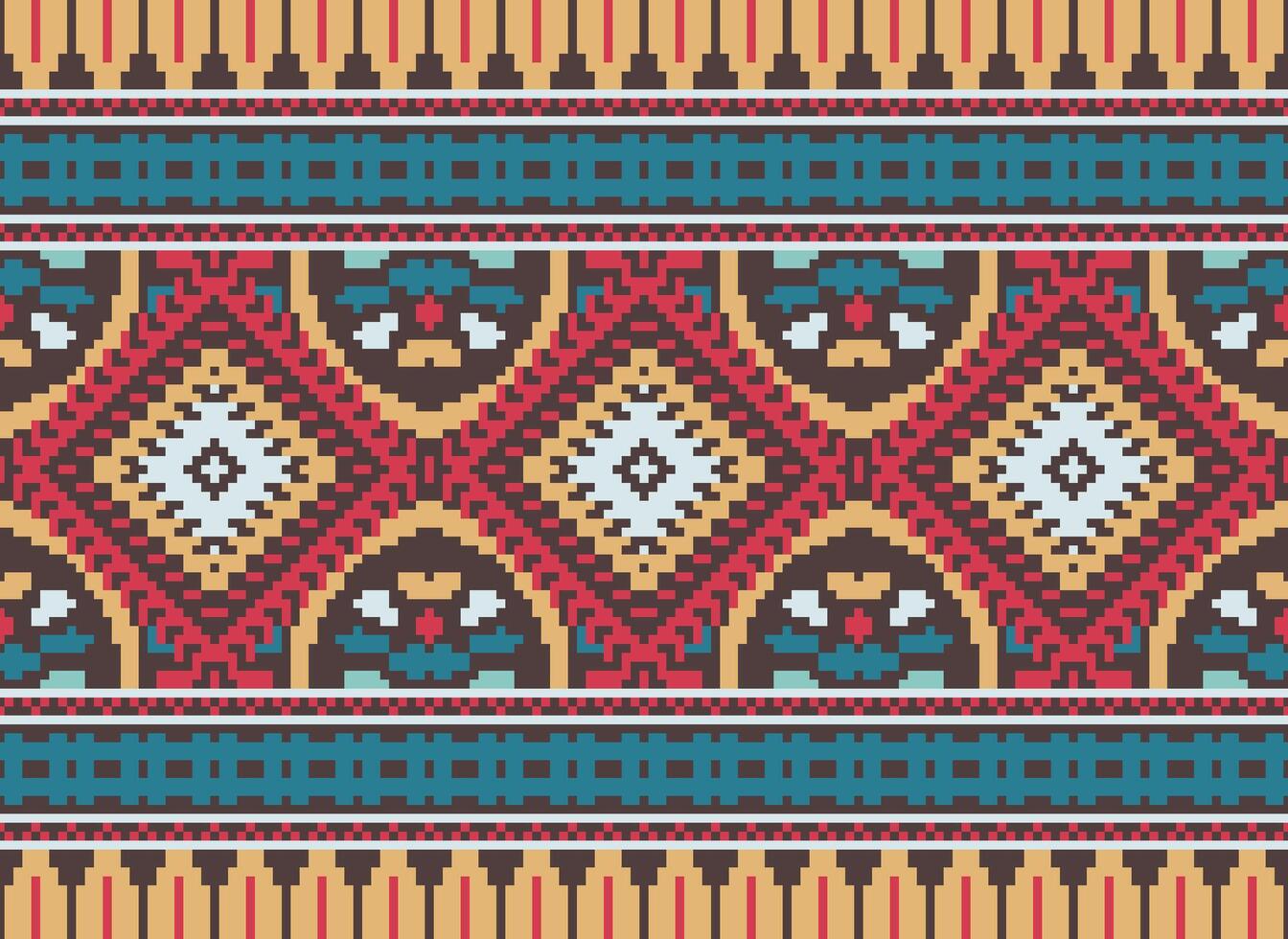 Pixel Kreuz Stich traditionell ethnisch Muster Paisley Blume Ikat Hintergrund abstrakt aztekisch afrikanisch indonesisch indisch nahtlos Muster zum Stoff drucken Stoff Kleid Teppich Vorhänge und Sarong vektor