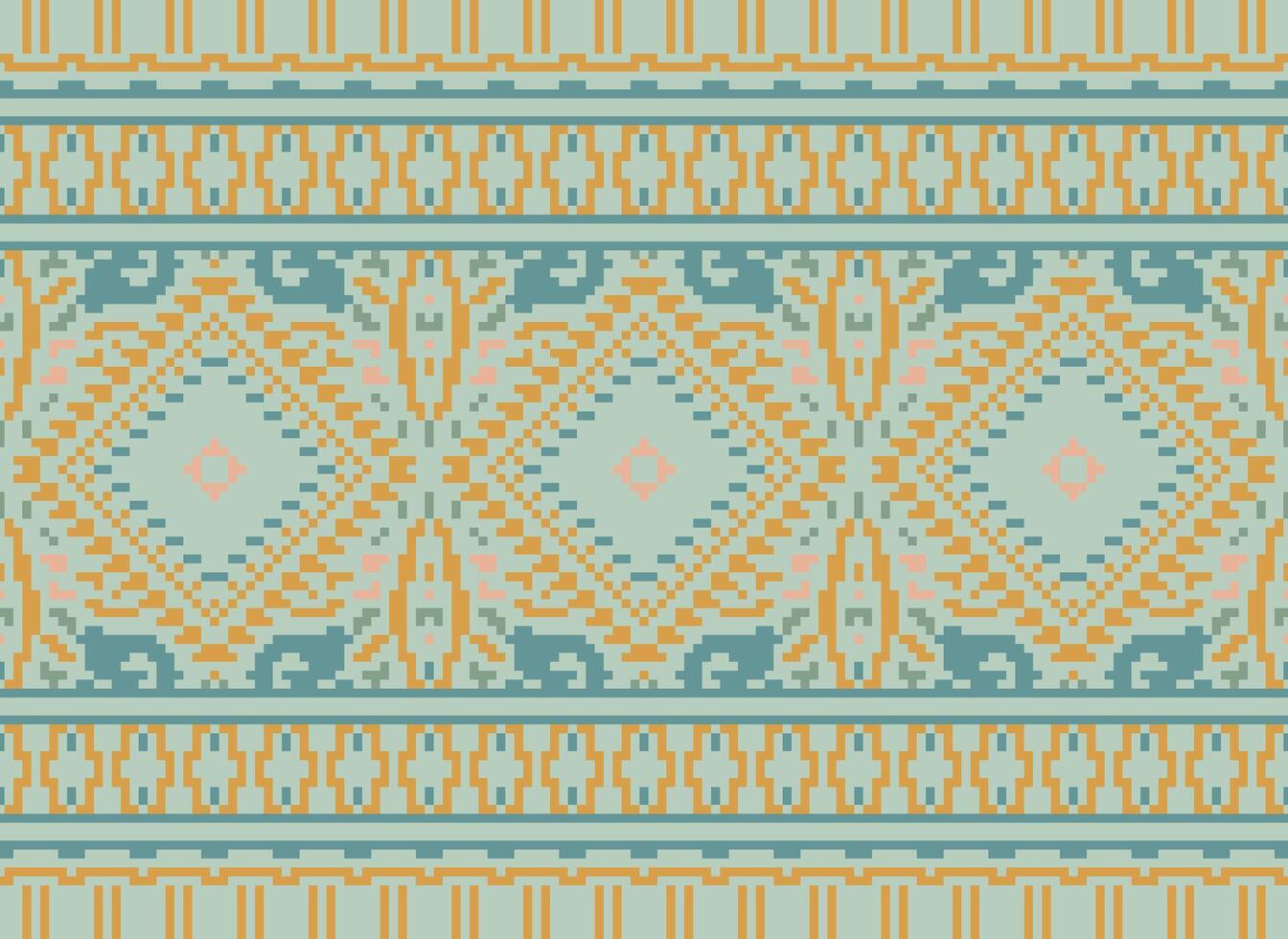 Pixel Kreuz Stich traditionell ethnisch Muster Paisley Blume Ikat Hintergrund abstrakt aztekisch afrikanisch indonesisch indisch nahtlos Muster zum Stoff drucken Stoff Kleid Teppich Vorhänge und Sarong vektor