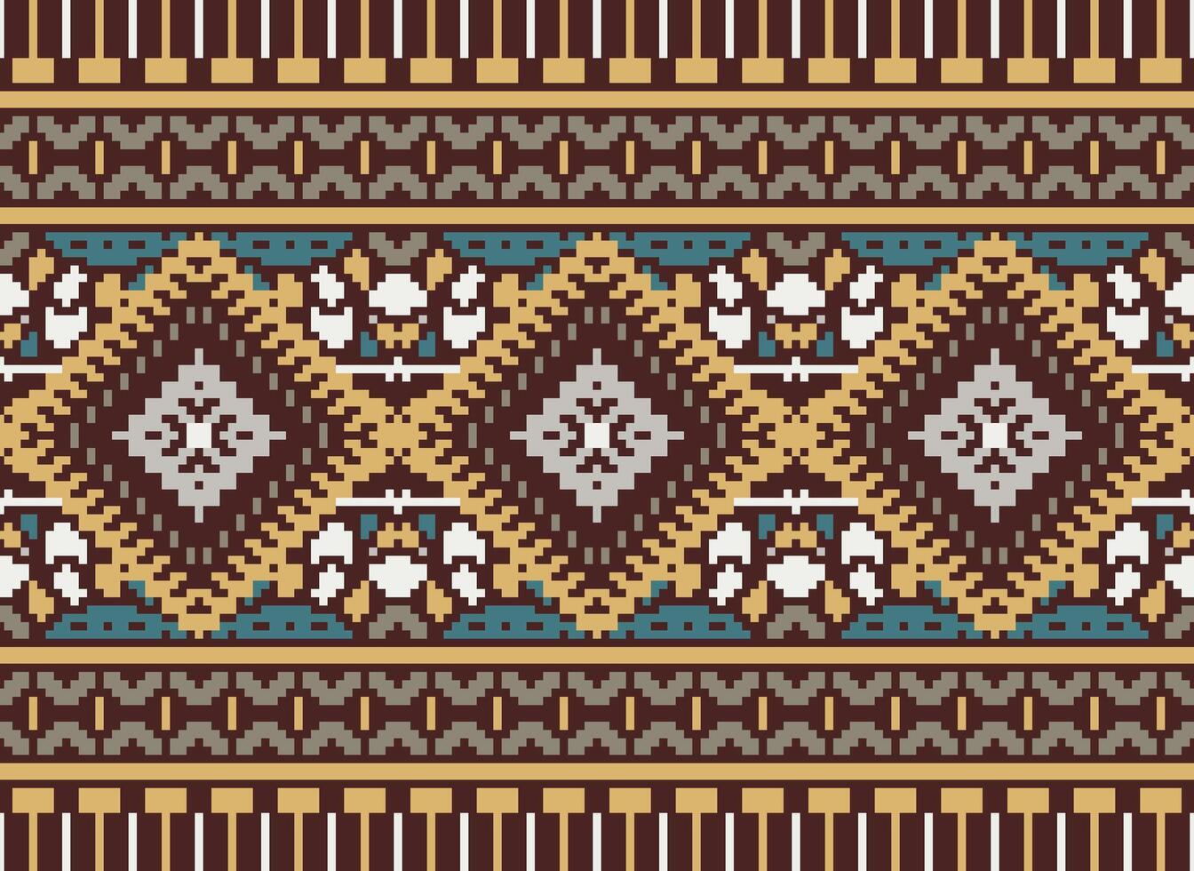 Pixel Kreuz Stich traditionell ethnisch Muster Paisley Blume Ikat Hintergrund abstrakt aztekisch afrikanisch indonesisch indisch nahtlos Muster zum Stoff drucken Stoff Kleid Teppich Vorhänge und Sarong vektor