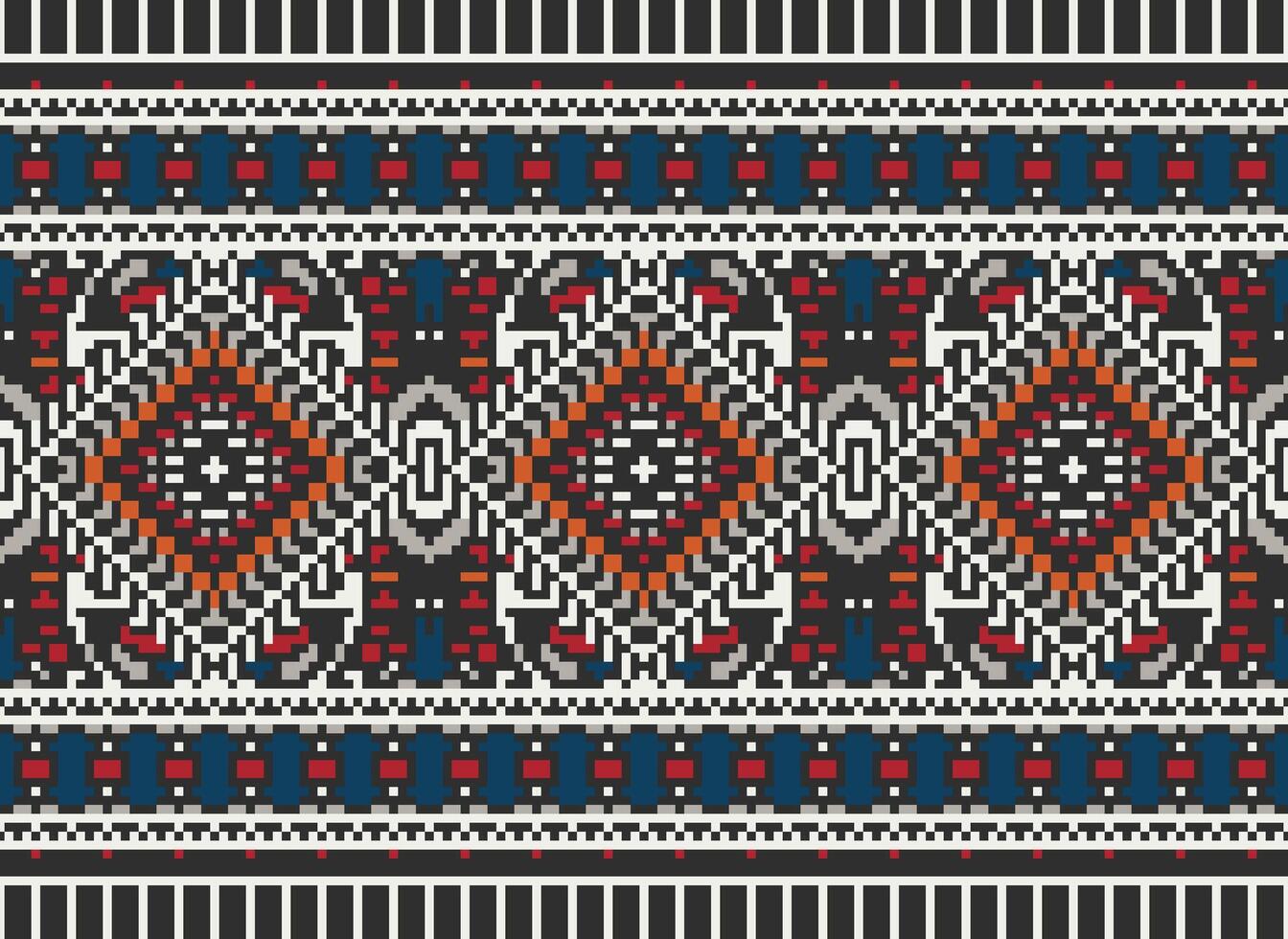 Pixel Kreuz Stich traditionell ethnisch Muster Paisley Blume Ikat Hintergrund abstrakt aztekisch afrikanisch indonesisch indisch nahtlos Muster zum Stoff drucken Stoff Kleid Teppich Vorhänge und Sarong vektor