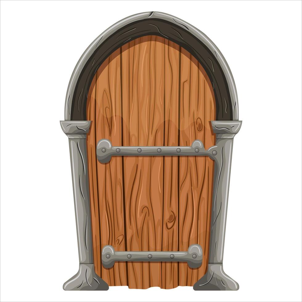 ein alt Märchen Tür mit geschmiedet Elemente. ein Tür mit Metall Dekorationen. Vektor Illustration hervorgehoben auf ein Weiß Hintergrund.