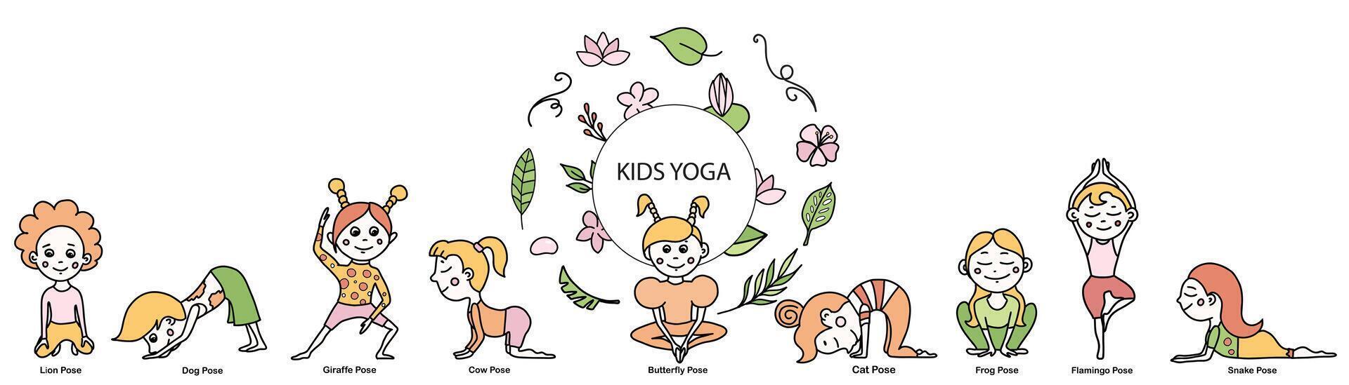 uppsättning av barn yoga djur- poser och tropisk löv, blommor, grenar. vektor tecknad serie illustration i klotter stil.
