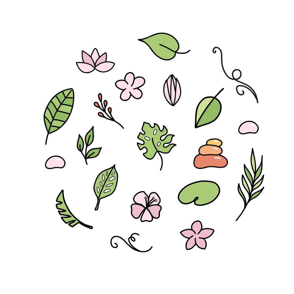 einfach Hand gezeichnet tropisch farbig Blumen- Vektor Design Elemente im Gekritzel Stil. einstellen von Blätter, Blumen, Geäst und Steine. zum Muster, Logo oder Dekoration.