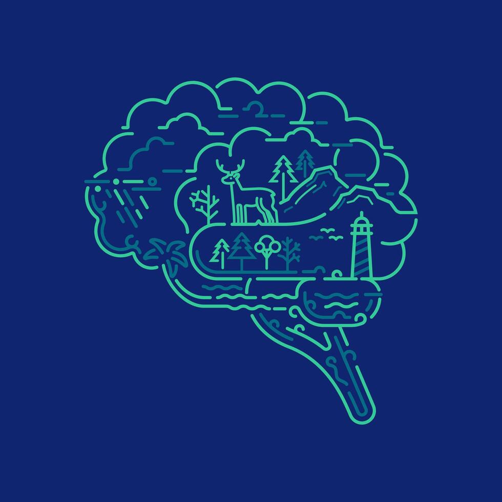 begrepp av miljövänlig hjärna tänkande eller mental hälsa, grafisk av mänsklig hjärna kombinerad med natur element vektor