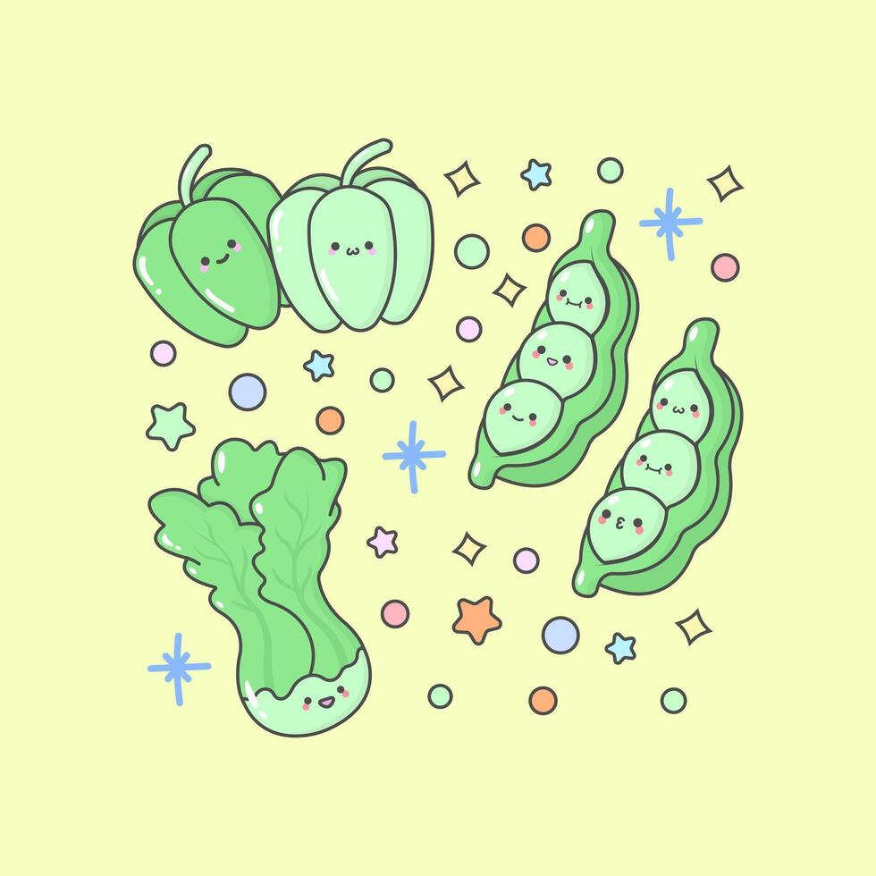 Gemüse Erbsen Grüner Salat Glocke Pfeffer mit süß Gesichts- Ausdrücke und Pastell- Farbe vektor