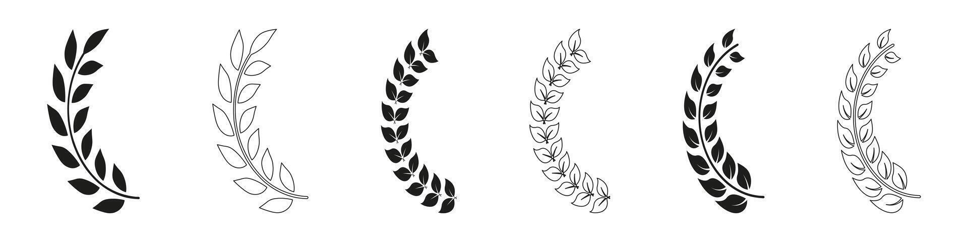 Lorbeer Kranz im Hälfte Kreis gestalten Linie und Silhouette Symbol Satz. natürlich heraldisch schwarz Dekoration Sammlung. Olive Blatt aufwendig, Jahrgang Baum Zweig, Blumen- Grenze. isoliert Vektor Illustration