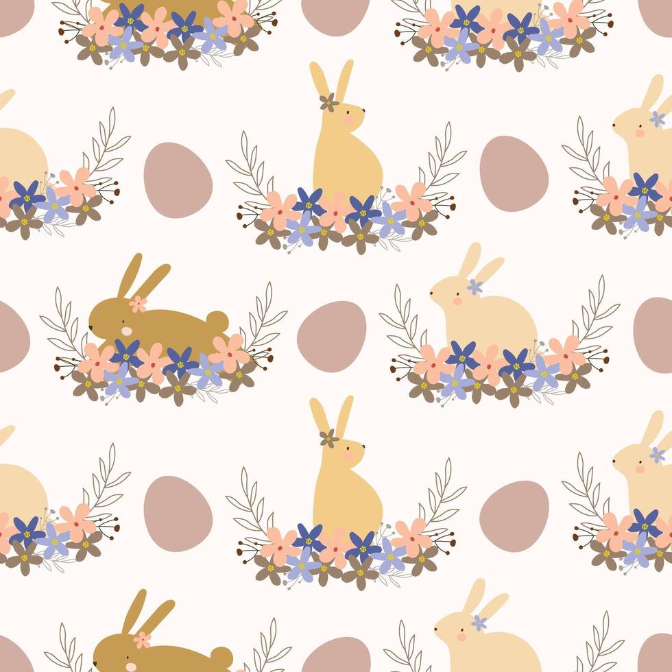 söt kanin med ägg och blommor hand dragen sömlös mönster vektor för dekorera inbjudan hälsning födelsedag fest firande bröllop kort affisch baner textil- tapet papper slå in bakgrund