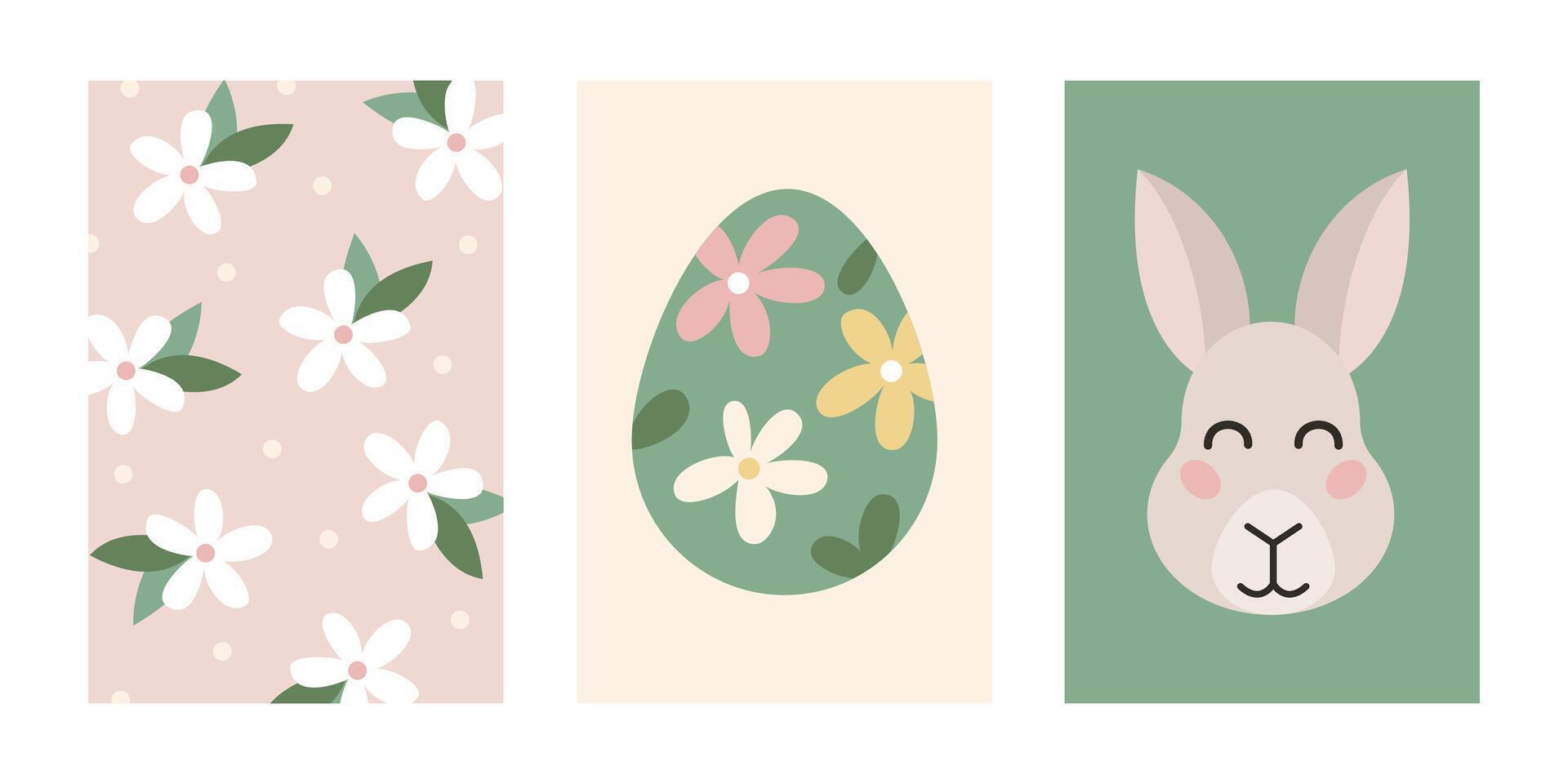 påsk affisch uppsättning. söt kanin, vår blomma, påsk ägg. kort, strejkande, skriva ut, design element. vektor illustration