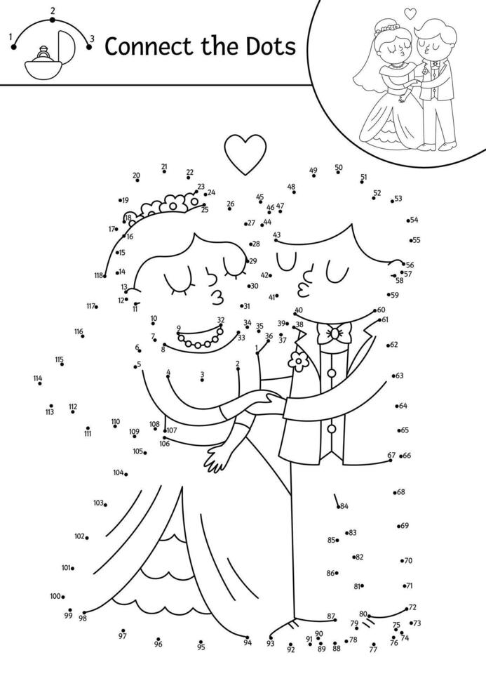 Vektor Punkt zu Punkt und Farbe Aktivität mit süß küssen gerade verheiratet Paar. Hochzeit verbinden das Punkte Spiel zum Kinder mit Braut und Bräutigam. Ehe Zeremonie Färbung Seite zum Kinder.