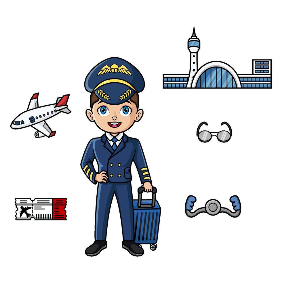 jung Mann im Pilot oder Fluggesellschaft Kapitän Uniform mit Objekt Element von Flughafen Artikel vektor