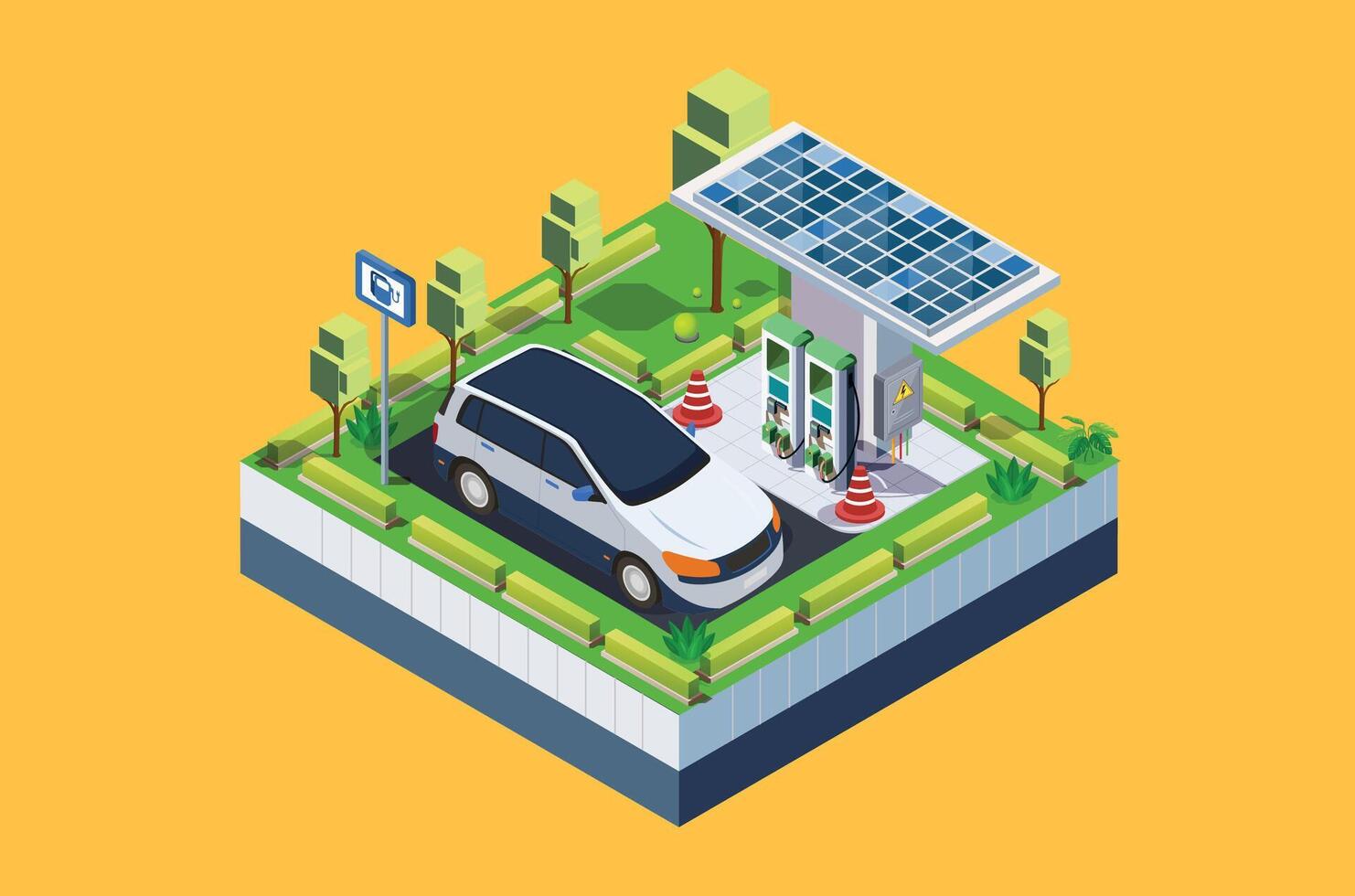 isometrisch Laden elektrisch Autos mit schnell Kompressor Stationen. Konzept isoliert Prämie Vektor. geeignet zum Infografiken und Buch Bild Illustration vektor