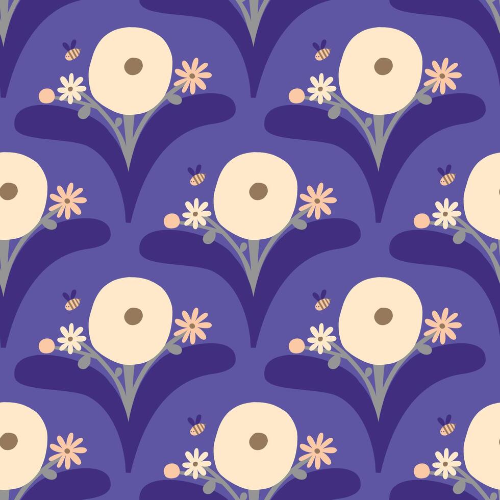 schön nahtlos Blumen- Muster im retro Stil. süß blühen Strauß Textur. Vektor Hintergrund mit Hand gezeichnet Blumen und Bienen