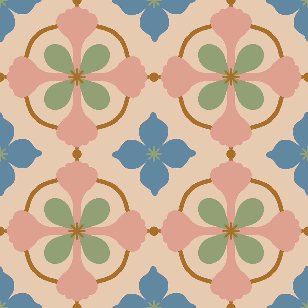 schön nahtlos Muster mit geometrisch Blumen- Fliese. Vektor Textur im Keramik Fliese Stil mit einfach Blumen und abstrakt Formen. repetitiv dekorativ Hintergrund