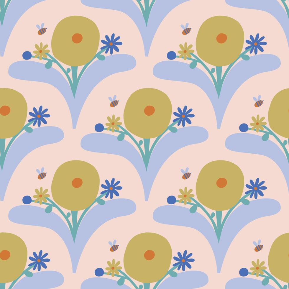 schön nahtlos Blumen- Muster im retro Stil. süß blühen Strauß Textur. Vektor Hintergrund mit Hand gezeichnet Blumen und Bienen