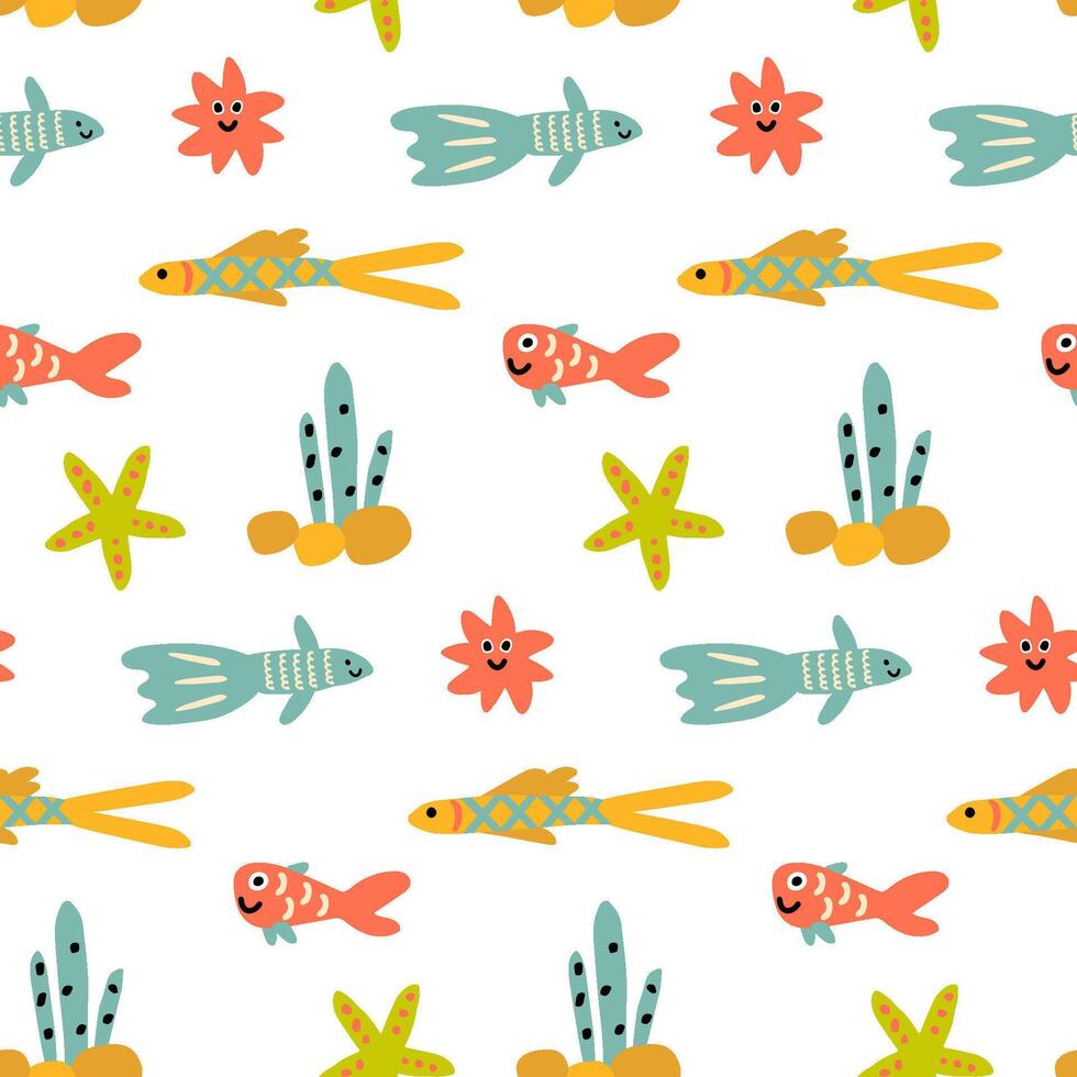 sömlös bakgrund med fiskar, sjöstjärna, tång. marin mönster vektor