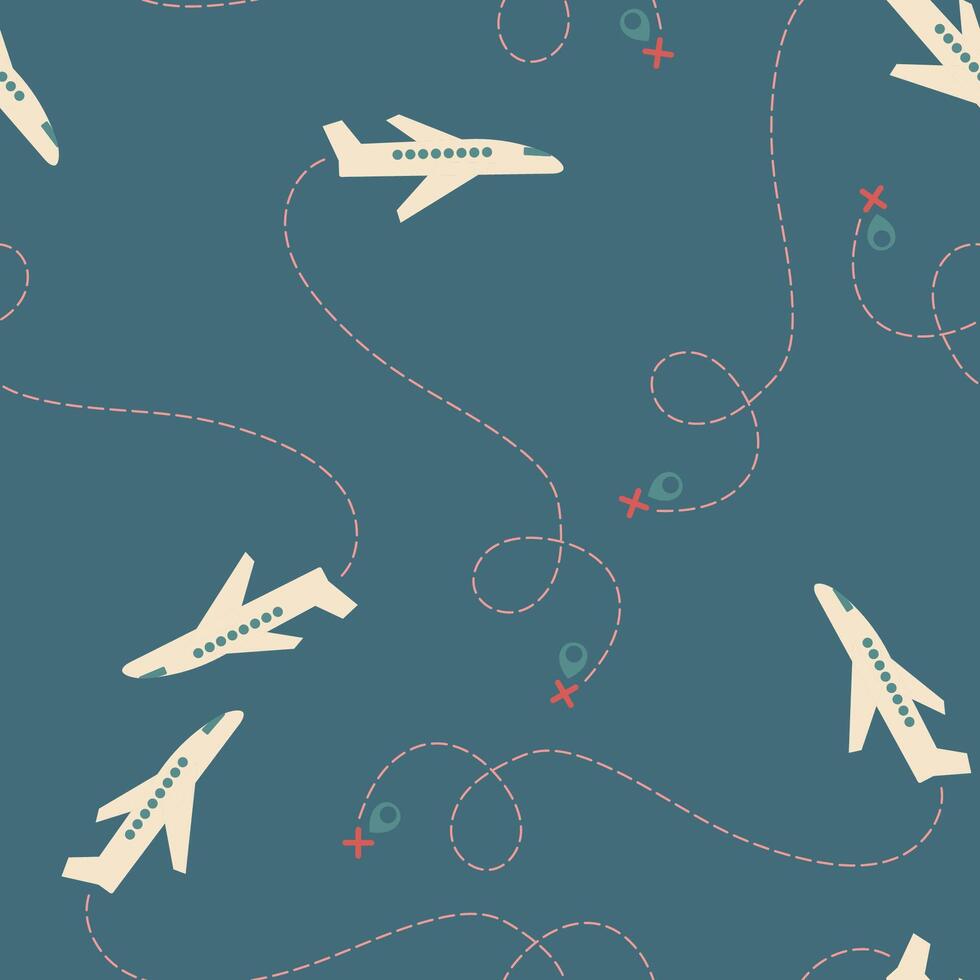 sömlös mönster med flygplan och flyg väg. bakgrund med flygplan, plan vektor